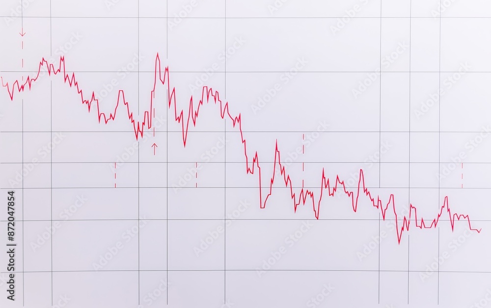 A red line graph on crisp white paper depicts the ups and downs of the stock market, captured in a flat lay composition.