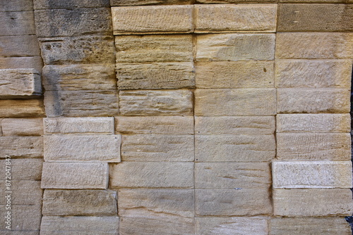 detail of aqueduct Pont du Gard's stone blocks, France