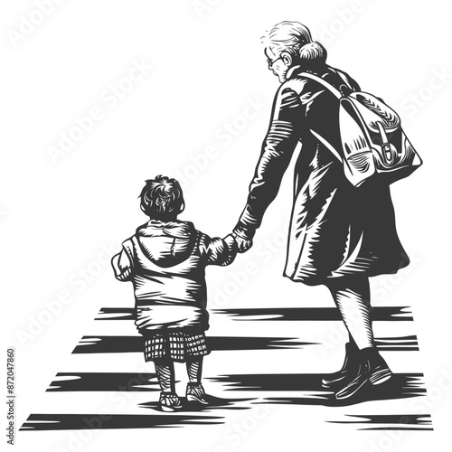 little girl helps the senior citizen woman cross the street with engraving style