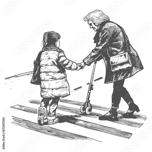 little girl helps the senior citizen woman cross the street with engraving style