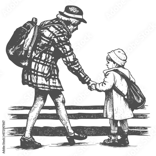 little girl helps the senior citizen woman cross the street with engraving style