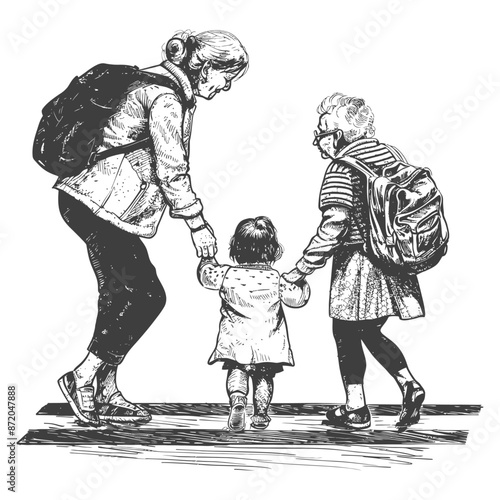 little girl helps the senior citizen woman cross the street with engraving style