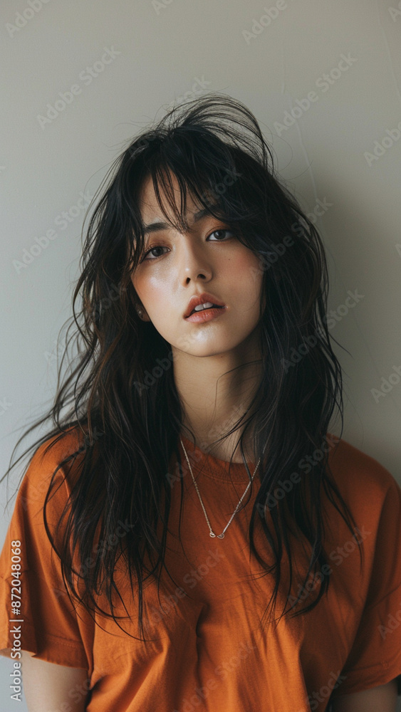 A striking portrait of a young Asian woman wearing an orange t-shirt, exuding natural beauty and contemporary style. A striking portrait of a young Asian woman wearing an orange t-shirt, exuding natural beauty and contemporary style.