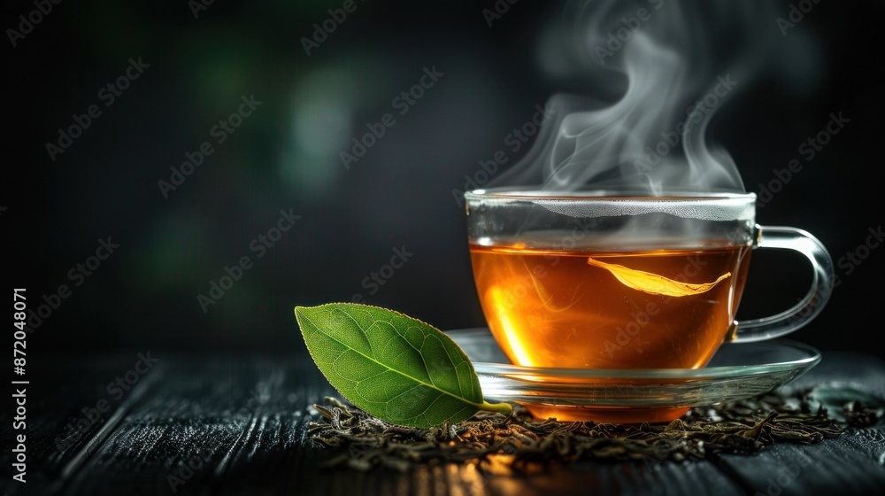 In a dimly lit setting a transparent glass cup filled with steaming hot tea sits gracefully The steam rises delicately from the tea creating a calming effect Next to the cup are a few fresh tea In a dimly lit setting a transparent glass cup filled with steaming hot tea sits gracefully The steam rises delicately from the tea creating a calming effect Next to the cup are a few fresh tea