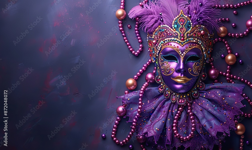 mardi gras party invitation card design mardi gras beads, carnival mask on purple background.stock photo mardi gras party invitation card design mardi gras beads, carnival mask on purple background.stock photo
