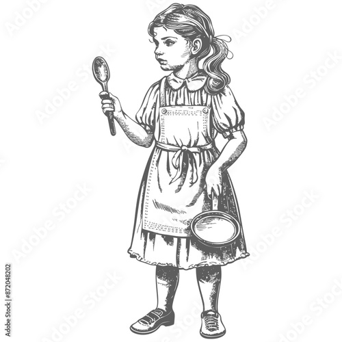 little girl in apron with kitchen utensil with engraving style
