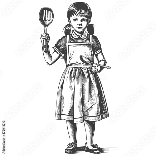 little girl in apron with kitchen utensil with engraving style