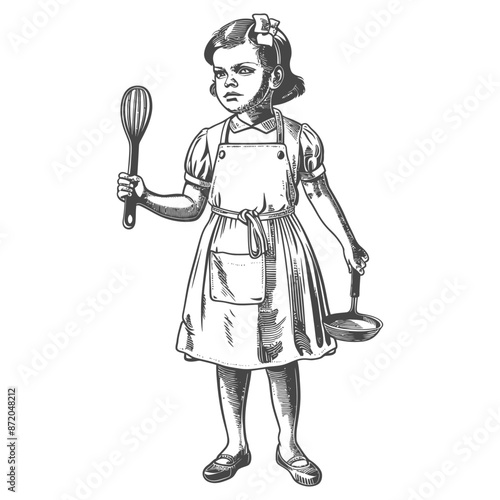 little girl in apron with kitchen utensil with engraving style