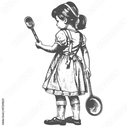 little girl in apron with kitchen utensil with engraving style