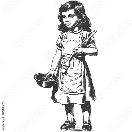 little girl in apron with kitchen utensil with engraving style