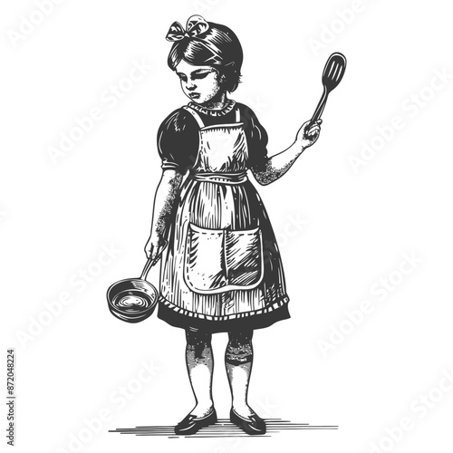 little girl in apron with kitchen utensil with engraving style