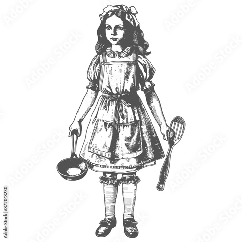 little girl in apron with kitchen utensil with engraving style