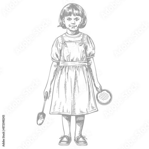 little girl in apron with kitchen utensil with engraving style