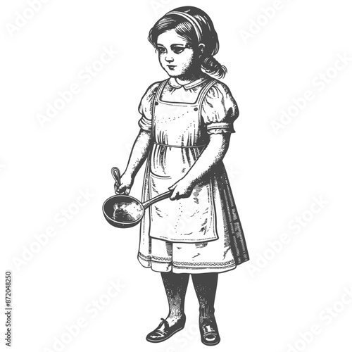 little girl in apron with kitchen utensil with engraving style