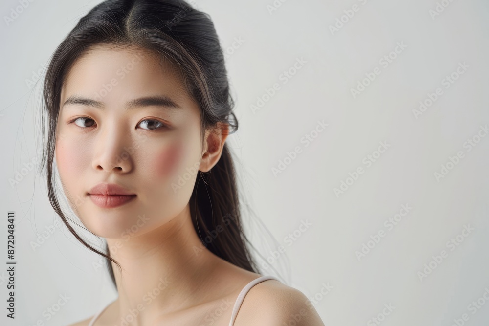 Beautiful young Asian woman practicing skincare. smooth face touches her healthy facial skin. Smiling Asian girl model has natural makeup touches glowing, hydrated skin. Copy space for text Beautiful young Asian woman practicing skincare. smooth face touches her healthy facial skin. Smiling Asian girl model has natural makeup touches glowing, hydrated skin. Copy space for text