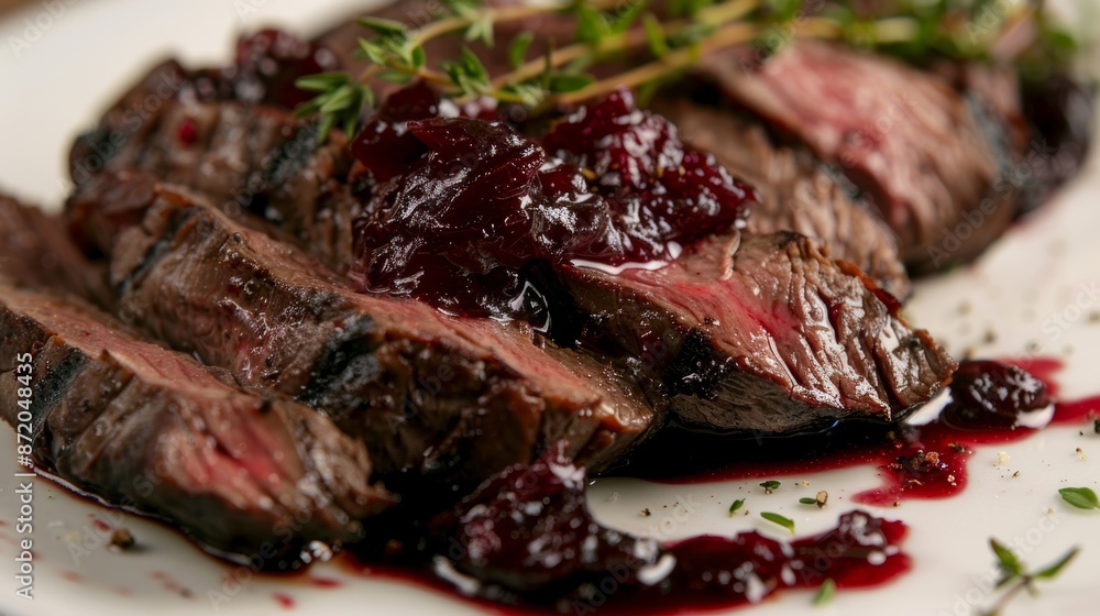 Grilled slices of marinated bison accompanied by a tangy cranberry sauce and adorned with sprigs of foraged thyme. Grilled slices of marinated bison accompanied by a tangy cranberry sauce and adorned with sprigs of foraged thyme.