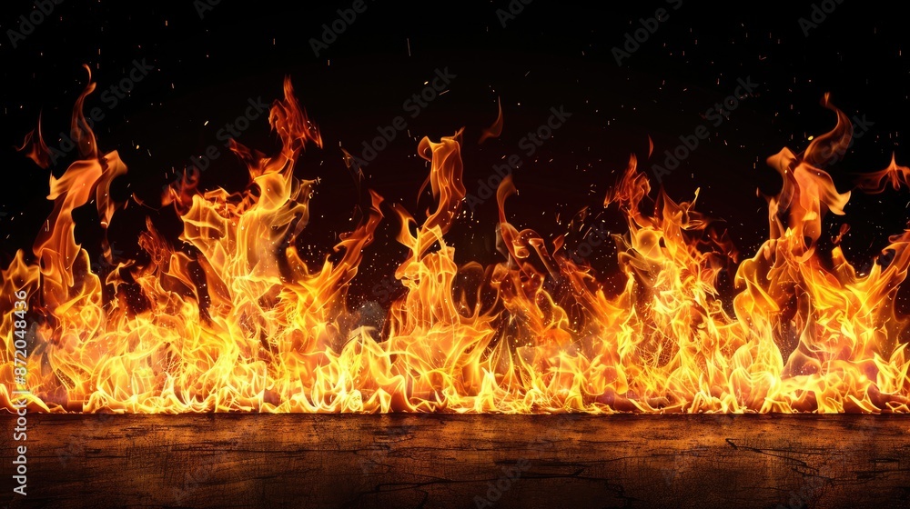 Obraz premium Powerful visual of a roaring fire burning brightly against a stark black background, evoking warmth and intensity in the frame