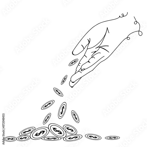 Continuous line drawing of Coins falling from pile of money in man hand. isolated on transparent background. vector illustration