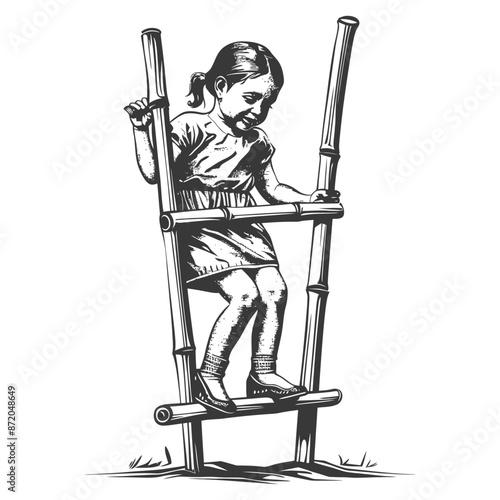 little girl playing traditional bamboo stilts game with engraving style