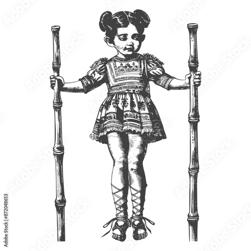 little girl playing traditional bamboo stilts game with engraving style