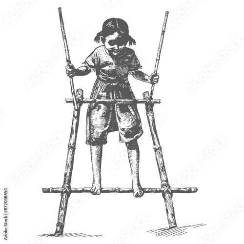 little girl playing traditional bamboo stilts game with engraving style