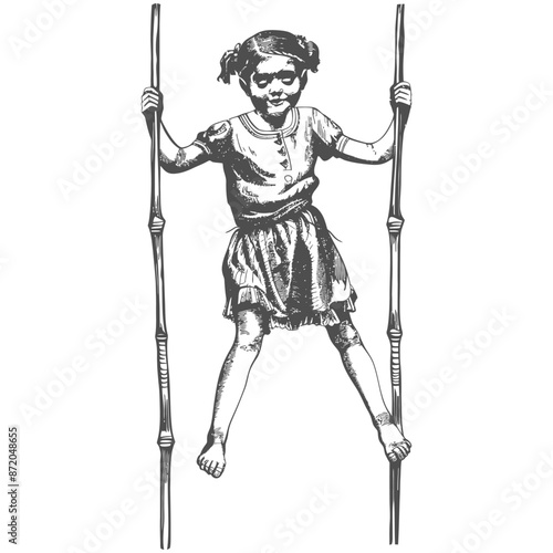 little girl playing traditional bamboo stilts game with engraving style