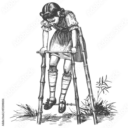 little girl playing traditional bamboo stilts game with engraving style