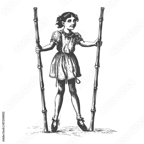 little girl playing traditional bamboo stilts game with engraving style