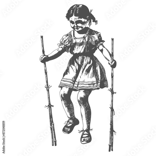 little girl playing traditional bamboo stilts game with engraving style