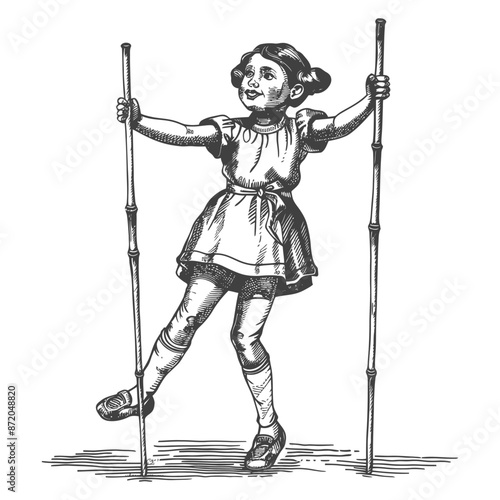 little girl playing traditional bamboo stilts game with engraving style