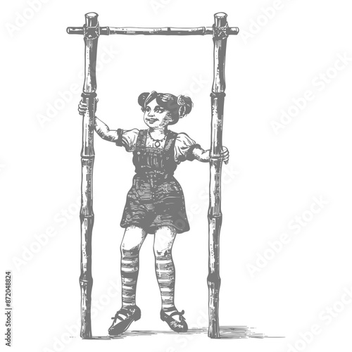 little girl playing traditional bamboo stilts game with engraving style