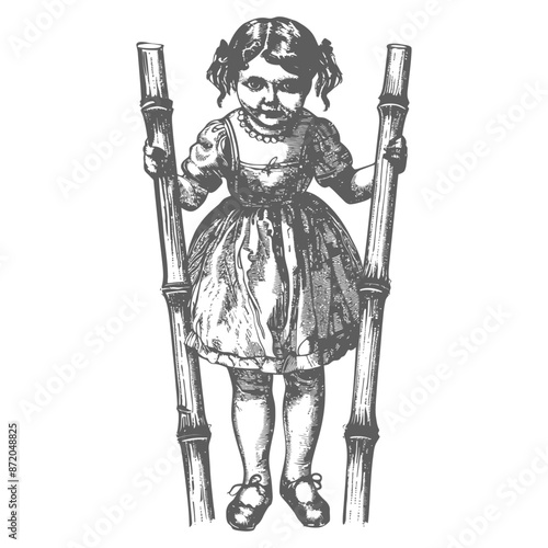 little girl playing traditional bamboo stilts game with engraving style
