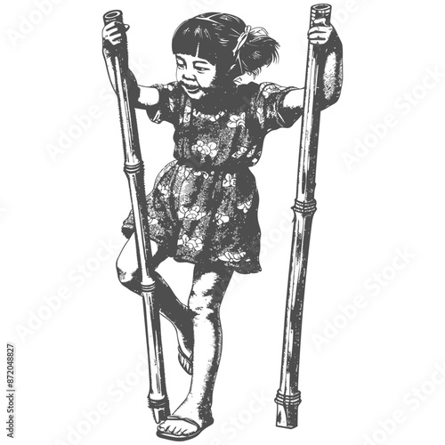 little girl playing traditional bamboo stilts game with engraving style