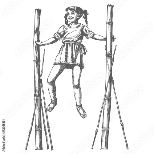 little girl playing traditional bamboo stilts game with engraving style