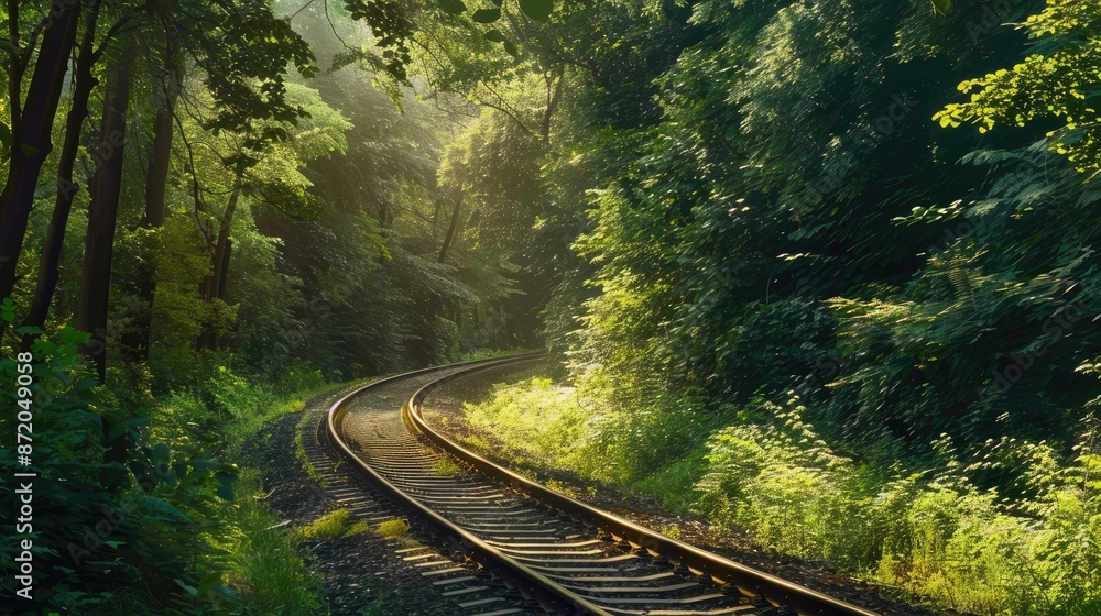 Fototapeta premium Scenic view of railroad tracks meandering through a lush green forest, under a canopy of trees with dappled sunlight filtering through