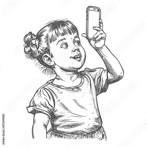 little girl taking selfie photo on smartphone with engraving style