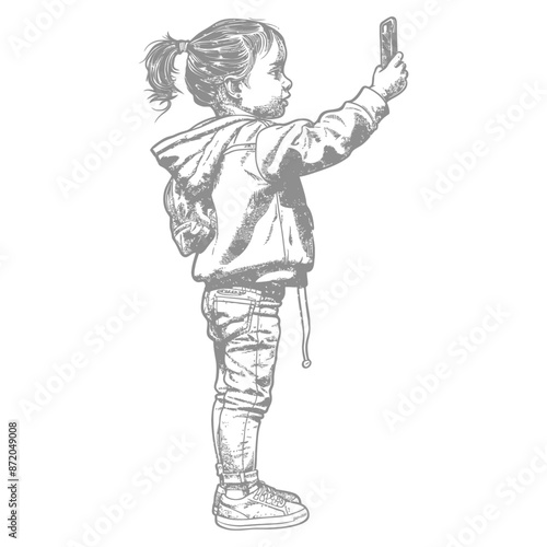 little girl taking selfie photo on smartphone with engraving style