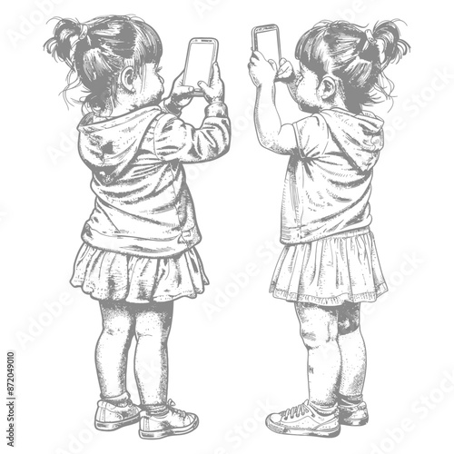 little girl taking selfie photo on smartphone with engraving style