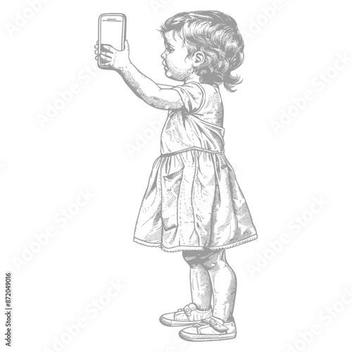 little girl taking selfie photo on smartphone with engraving style