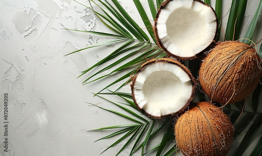 coconut, palm leaf on white background flat lay top view summer background, natural organic food.stock photo coconut, palm leaf on white background flat lay top view summer background, natural organic food.stock photo