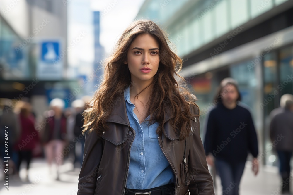A woman in a leather jacket and blue shirt walks down a street with other people A woman in a leather jacket and blue shirt walks down a street with other people