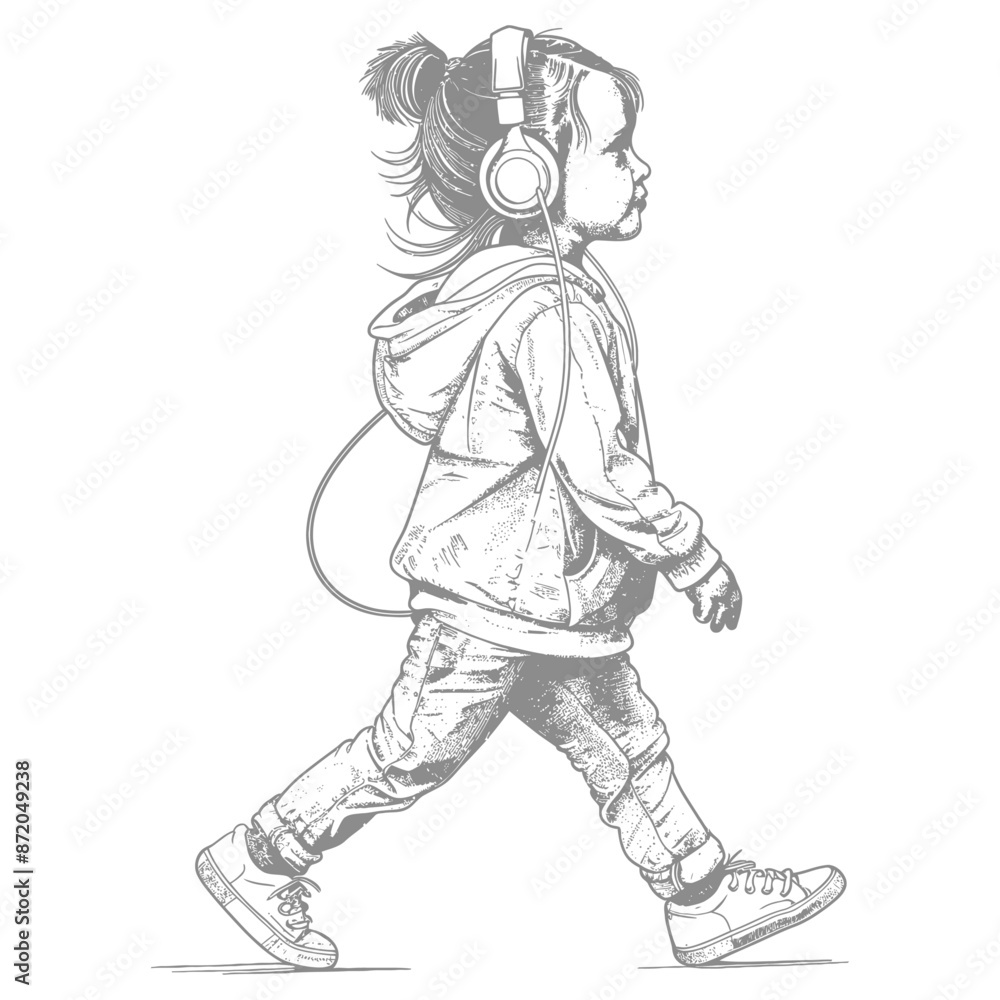 Fototapeta premium little girl walking listening to headset with engraving style