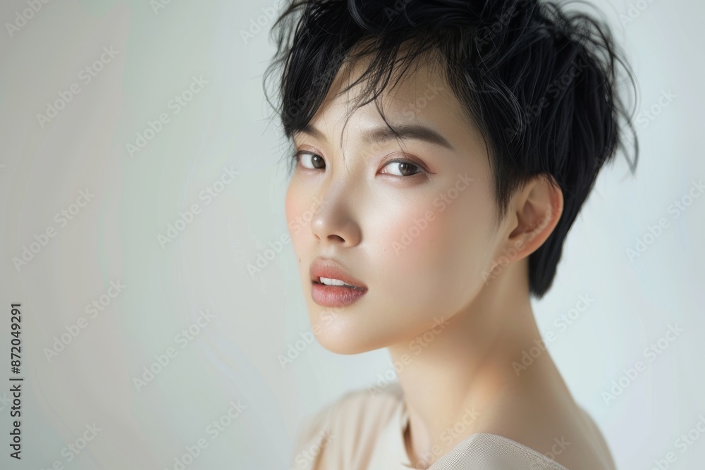Beautiful young Asian woman practicing skincare. smooth face touches her healthy facial skin. Smiling Asian girl model has natural makeup touches glowing, hydrated skin. Copy space for text Beautiful young Asian woman practicing skincare. smooth face touches her healthy facial skin. Smiling Asian girl model has natural makeup touches glowing, hydrated skin. Copy space for text
