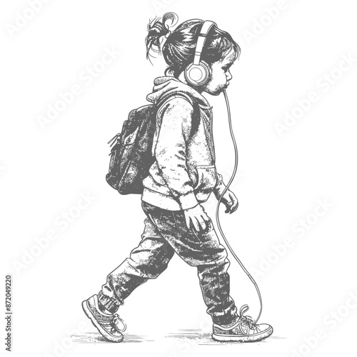 little girl walking listening to headset with engraving style