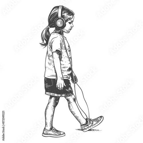 little girl walking listening to headset with engraving style