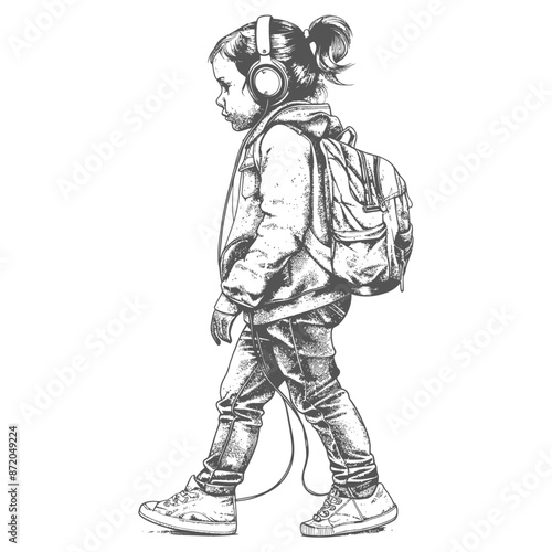 little girl walking listening to headset with engraving style