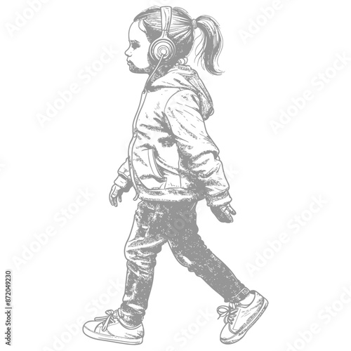 little girl walking listening to headset with engraving style