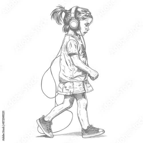 little girl walking listening to headset with engraving style