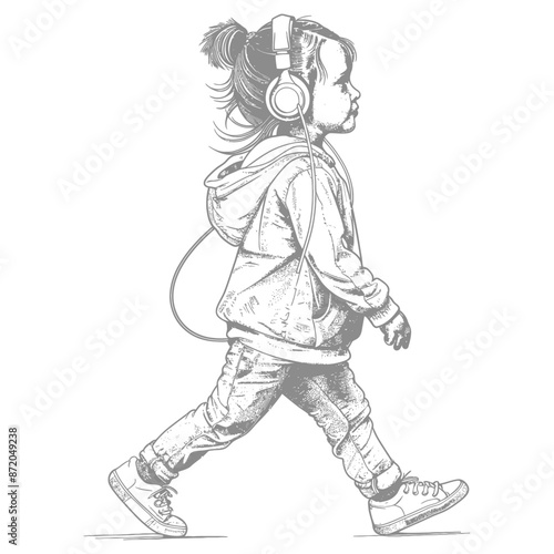 little girl walking listening to headset with engraving style