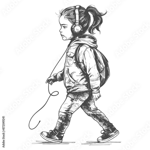 little girl walking listening to headset with engraving style